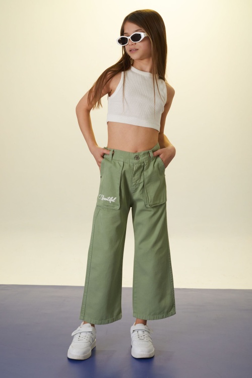 Yeşil Beautiful Yazılı Geniş Paça Kız Çocuk Keten Pantolon 18445