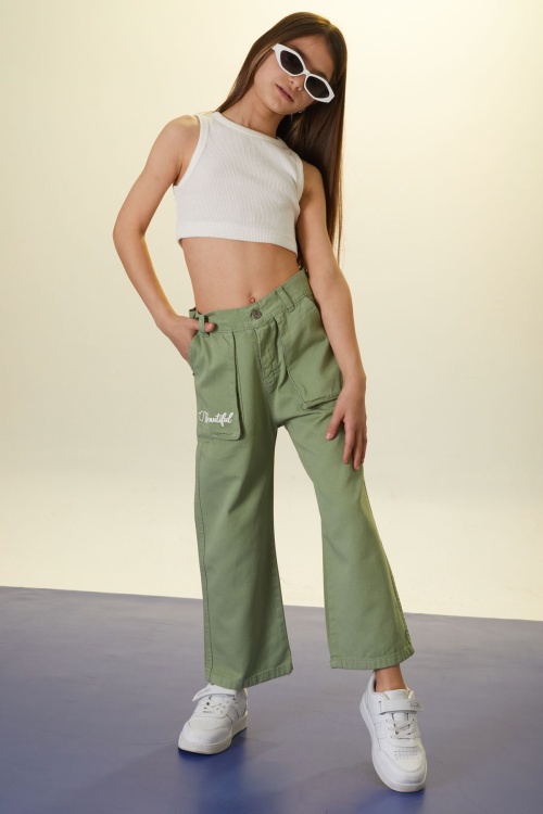 Yeşil Beautiful Yazılı Geniş Paça Kız Çocuk Keten Pantolon 18445