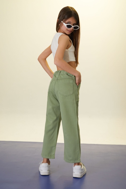 Yeşil Beautiful Yazılı Geniş Paça Kız Çocuk Keten Pantolon 18445