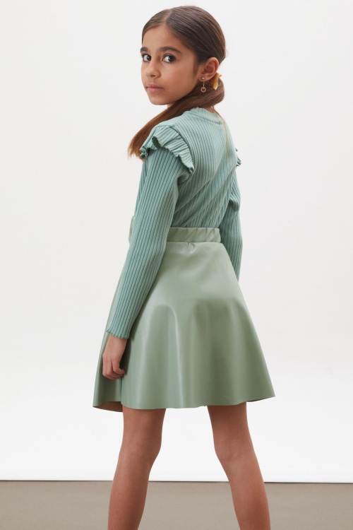 Yeşil Çiçek Baskılı Badili Deri Etekli Kız Çocuk Takım 18010