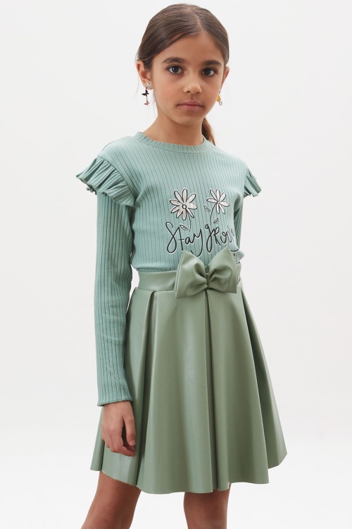 Yeşil Çiçek Baskılı Badili Deri Etekli Kız Çocuk Takım 18010