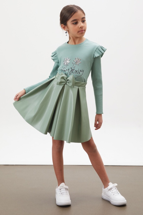 Yeşil Çiçek Baskılı Badili Deri Etekli Kız Çocuk Takım 18010