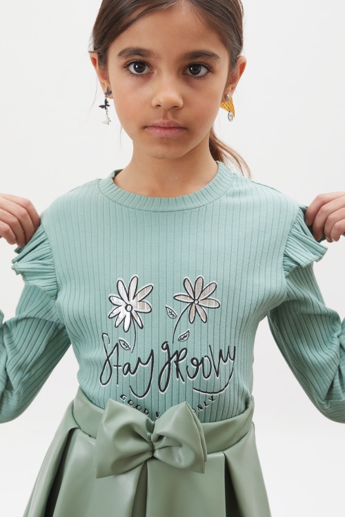 Yeşil Çiçek Baskılı Badili Deri Etekli Kız Çocuk Takım 18010