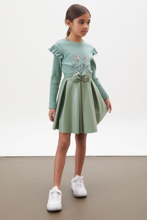 Yeşil Çiçek Baskılı Badili Deri Etekli Kız Çocuk Takım 18010