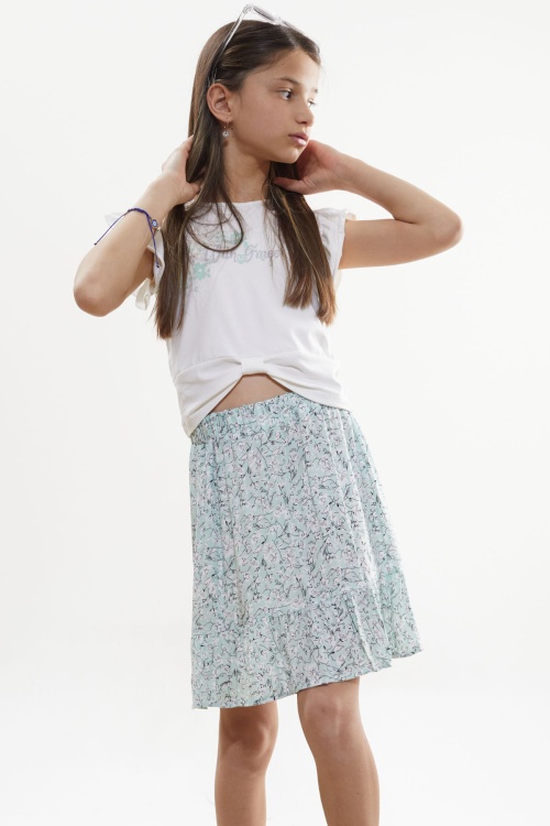 Yeşil Çiçek Desenli Etekli Baskılı Tişörtlü Kız Çocuk Takım 18501