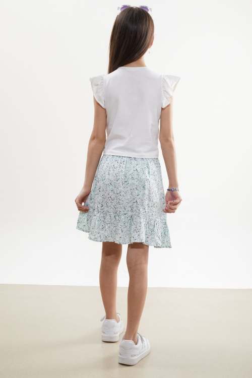 Yeşil Çiçek Desenli Etekli Baskılı Tişörtlü Kız Çocuk Takım 18501