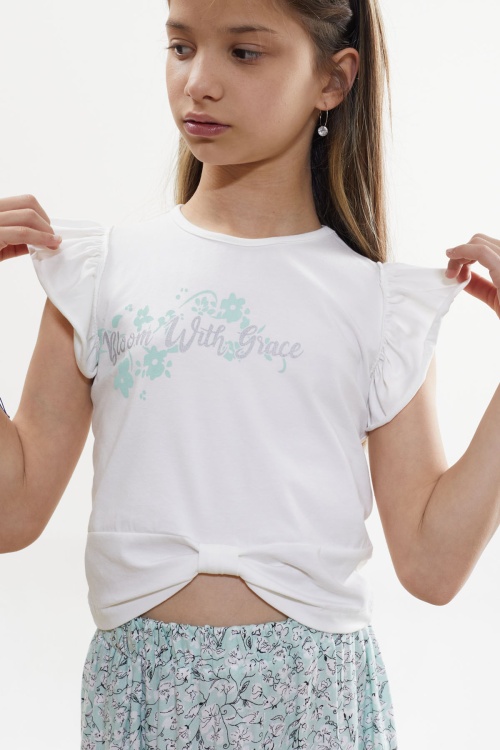 Yeşil Çiçek Desenli Etekli Baskılı Tişörtlü Kız Çocuk Takım 18501