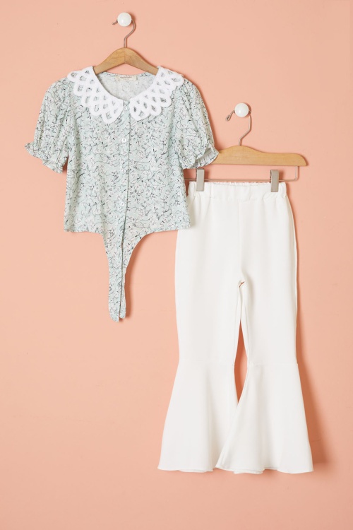 Yeşil Çiçek Desenli Fularlı Bluzlu Kız Çocuk İspanyol Pantolonlu Takım 18465