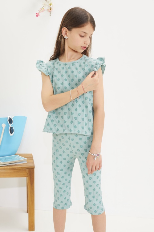 Yeşil Çiçek Desenli Sıfır Kol Badili Şort Taytlı Kız Çocuk Takım 18651