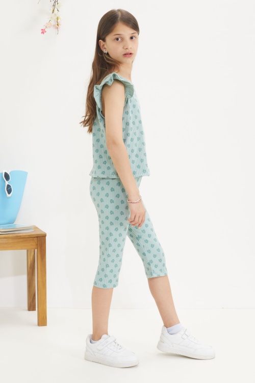 Yeşil Çiçek Desenli Sıfır Kol Badili Şort Taytlı Kız Çocuk Takım 18651