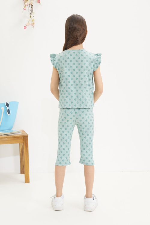 Yeşil Çiçek Desenli Sıfır Kol Badili Şort Taytlı Kız Çocuk Takım 18651