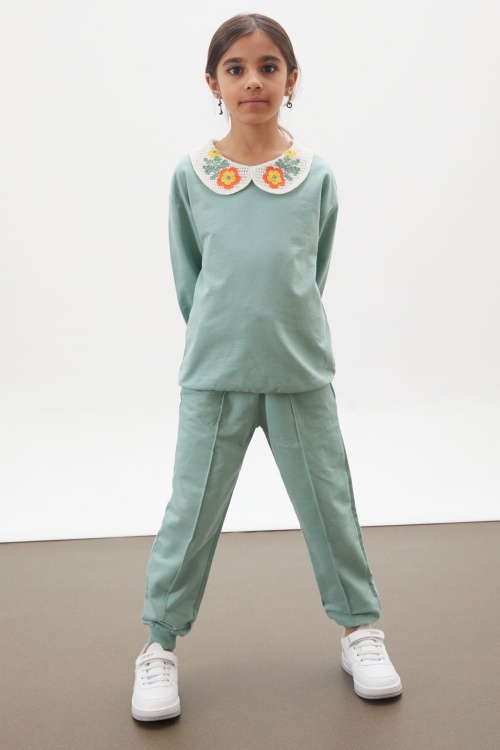 Yeşil Çiçekli Örgü Yakalı Kız Çocuk Alt Üst Takım 17942