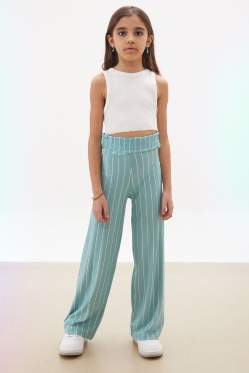 Yeşil Çizgi Desenli Kuşaklı Geniş Paça Kız Çocuk Pantolon 18098