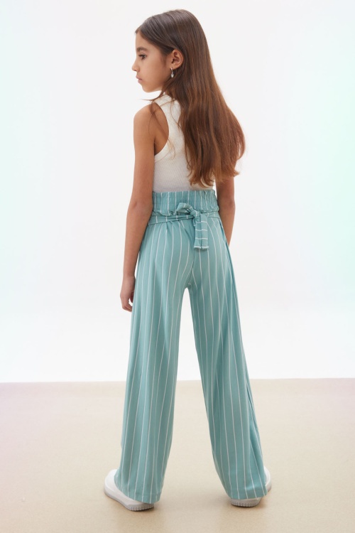 Yeşil Çizgi Desenli Kuşaklı Geniş Paça Kız Çocuk Pantolon 18098