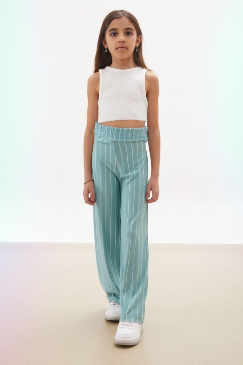 Yeşil Çizgi Desenli Kuşaklı Geniş Paça Kız Çocuk Pantolon 18098