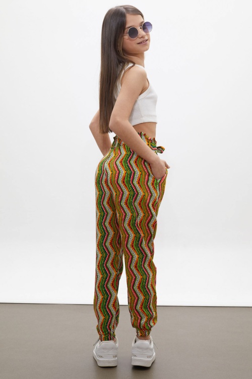 Yeşil Çizgi Desenli Lastikli Paça Kız Çocuk Yazlık Pantolon 18325