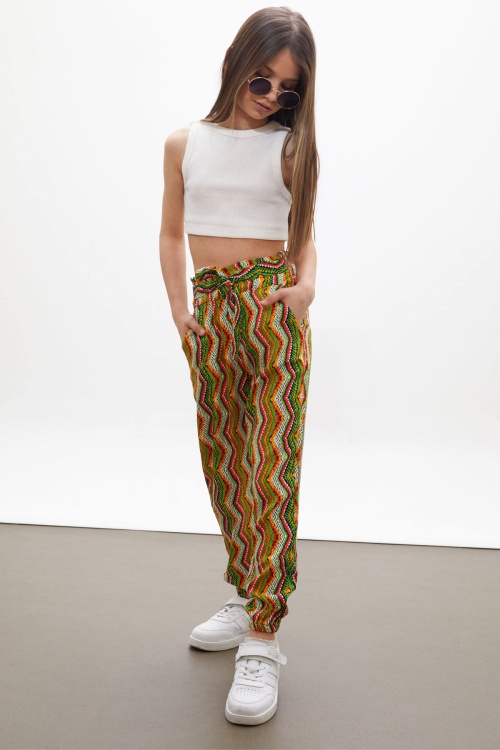 Yeşil Çizgi Desenli Lastikli Paça Kız Çocuk Yazlık Pantolon 18325