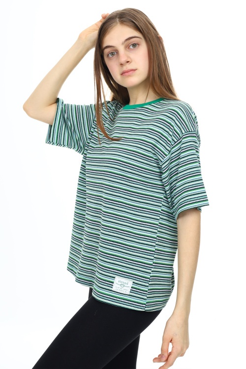 Yeşil Çizgili Bisiklet Yaka Kız Çocuk Kısa Kol T-shirt 18382