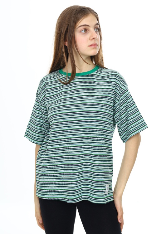 Yeşil Çizgili Bisiklet Yaka Kız Çocuk Kısa Kol T-shirt 18382