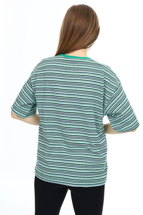 Yeşil Çizgili Bisiklet Yaka Kız Çocuk Kısa Kol T-shirt 18382