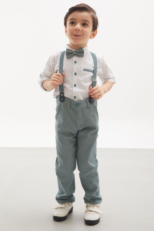 Yeşil Desenli Gömlekli Askılı Pantolonlu Erkek Çocuk Papyonlu Takım 18137