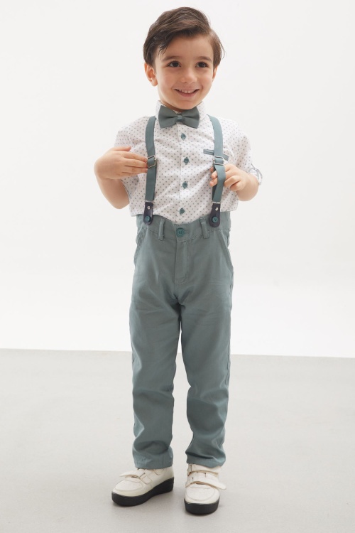 Yeşil Desenli Gömlekli Askılı Pantolonlu Erkek Çocuk Papyonlu Takım 18137