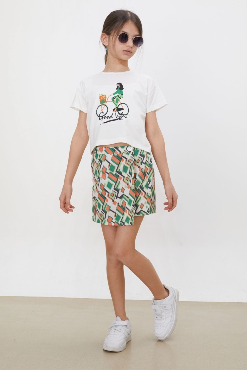 Yeşil Desenli Şort Etekli Tişörtlü Kız Çocuk Takım 18472