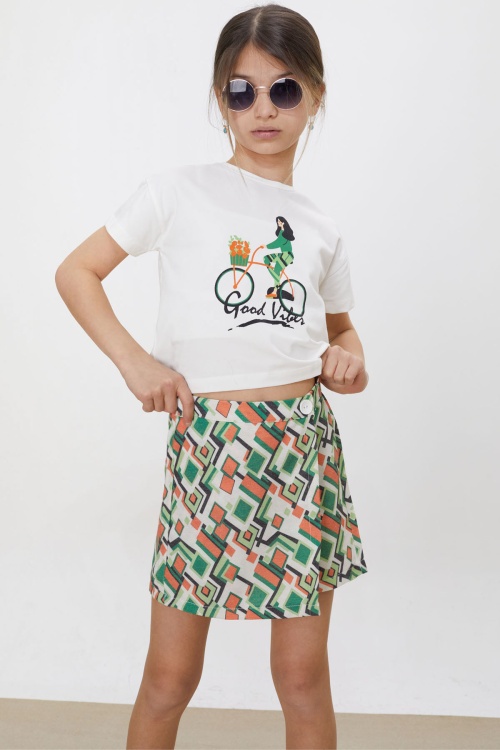 Yeşil Desenli Şort Etekli Tişörtlü Kız Çocuk Takım 18472