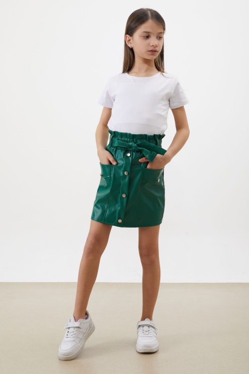 Yeşil Düğme Detaylı Kuşaklı Kız Çocuk Deri Etek 18452