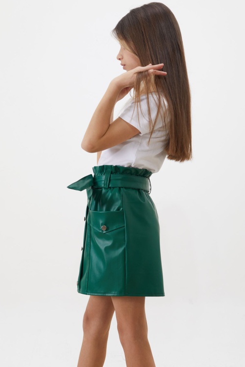 Yeşil Düğme Detaylı Kuşaklı Kız Çocuk Deri Etek 18452