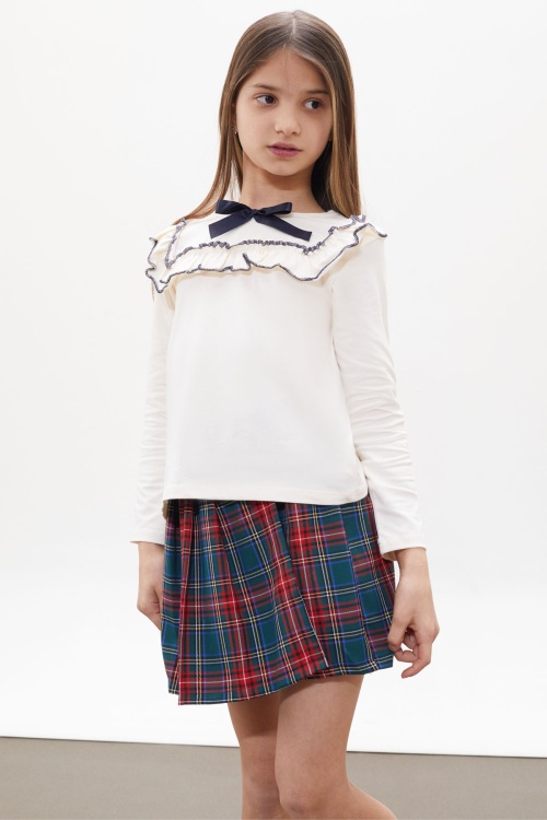 Yeşil Ekose Desenli Şort Etekli Fiyonklu Bluzlu Kız Çocuk Takım 18267