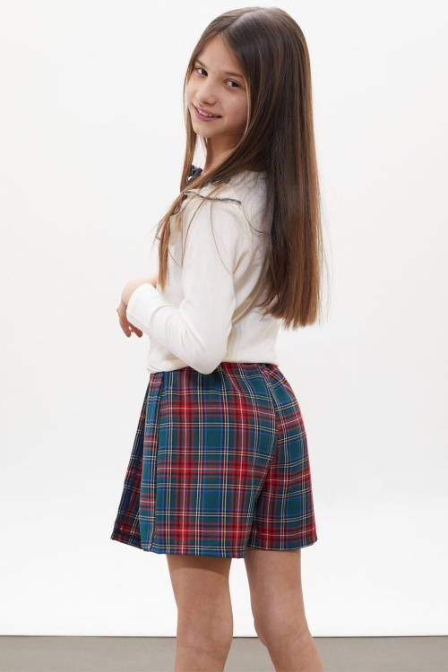 Yeşil Ekose Desenli Şort Etekli Fiyonklu Bluzlu Kız Çocuk Takım 18267