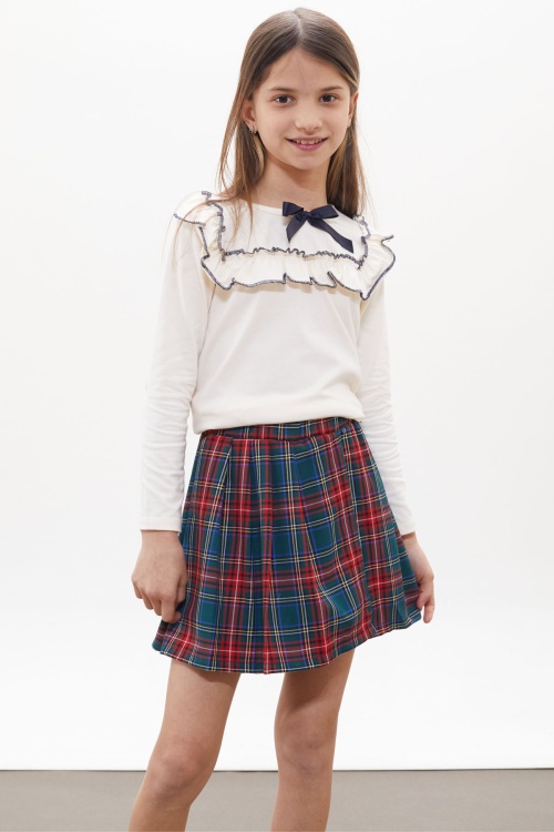 Yeşil Ekose Desenli Şort Etekli Fiyonklu Bluzlu Kız Çocuk Takım 18267