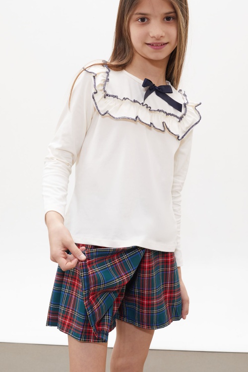 Yeşil Ekose Desenli Şort Etekli Fiyonklu Bluzlu Kız Çocuk Takım 18267