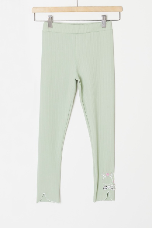 Yeşil Fiyonklu Tavşan Nakışlı Fitilli Kız Çocuk Yırtmaçlı Tayt 18147