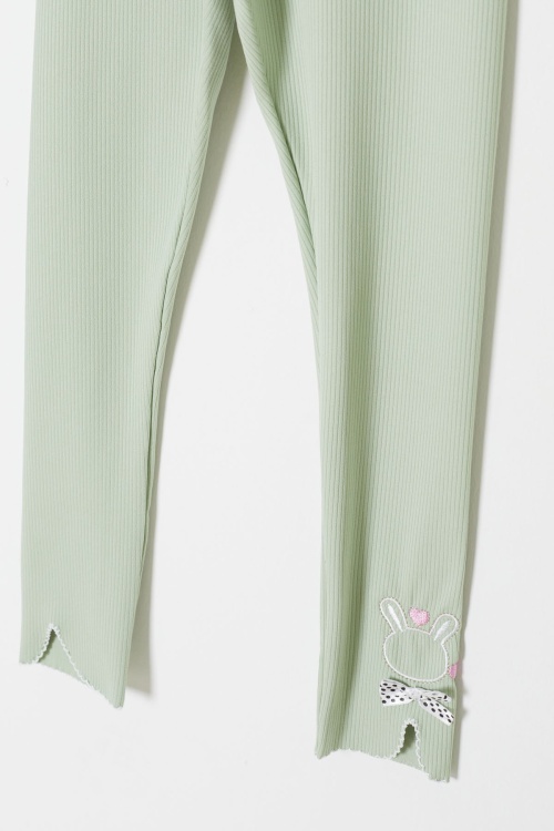 Yeşil Fiyonklu Tavşan Nakışlı Fitilli Kız Çocuk Yırtmaçlı Tayt 18147