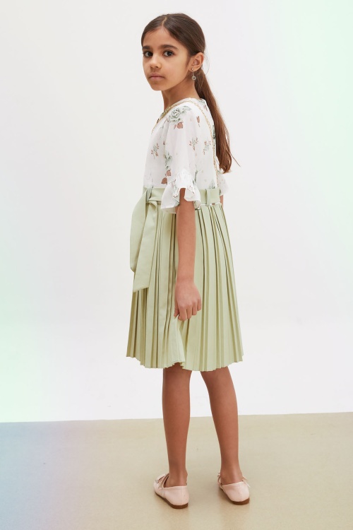 Yeşil Gül Desenli Kısa Kollu Çantalı Kız Çocuk Pileli Elbise 18191