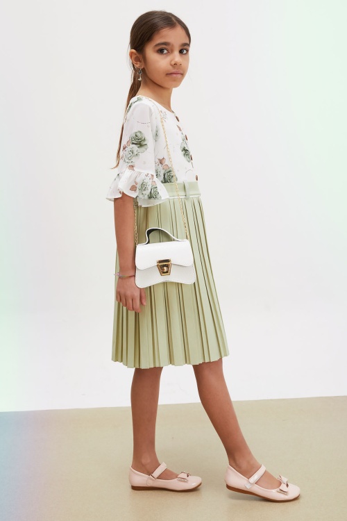 Yeşil Gül Desenli Kısa Kollu Çantalı Kız Çocuk Pileli Elbise 18191