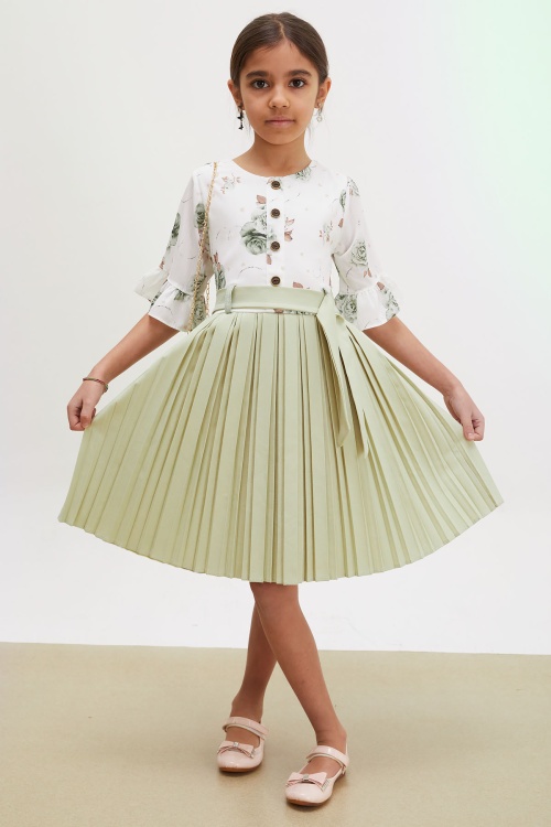 Yeşil Gül Desenli Kısa Kollu Çantalı Kız Çocuk Pileli Elbise 18191