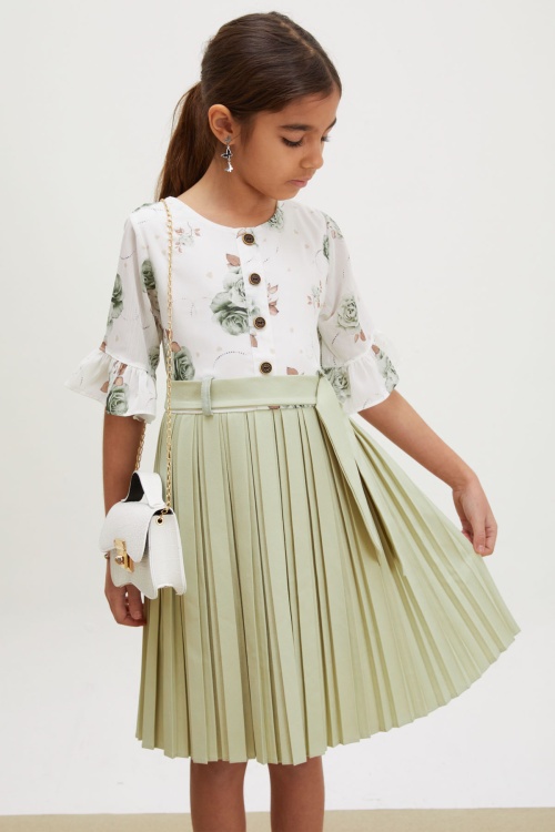 Yeşil Gül Desenli Kısa Kollu Çantalı Kız Çocuk Pileli Elbise 18191