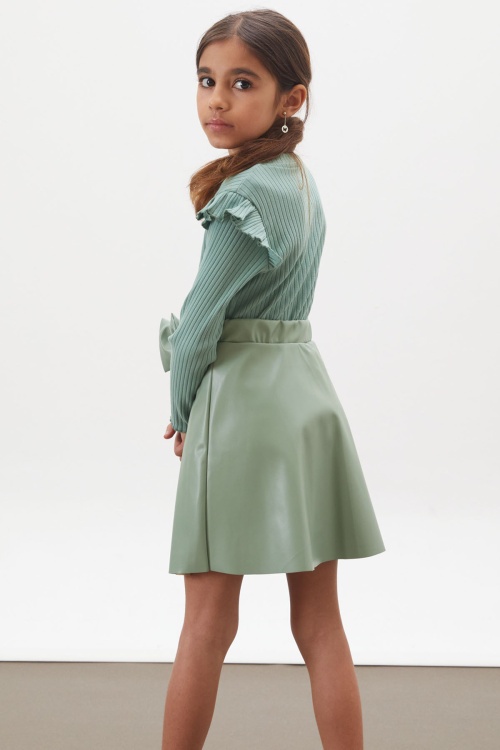 Yeşil Kalp Baskılı Payetli Badili Kız Çocuk Deri Etekli Takım 18026