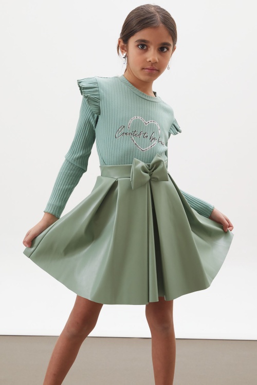 Yeşil Kalp Baskılı Payetli Badili Kız Çocuk Deri Etekli Takım 18026