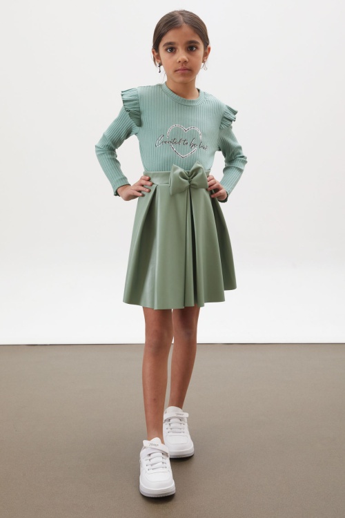 Yeşil Kalp Baskılı Payetli Badili Kız Çocuk Deri Etekli Takım 18026