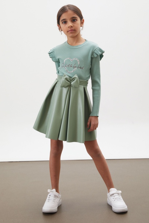 Yeşil Kalp Baskılı Payetli Badili Kız Çocuk Deri Etekli Takım 18026