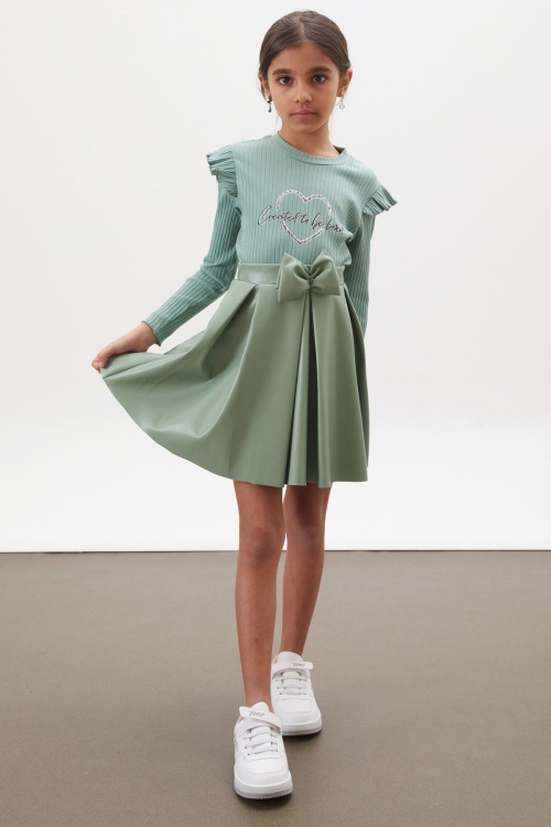 Yeşil Kalp Baskılı Payetli Badili Kız Çocuk Deri Etekli Takım 18026