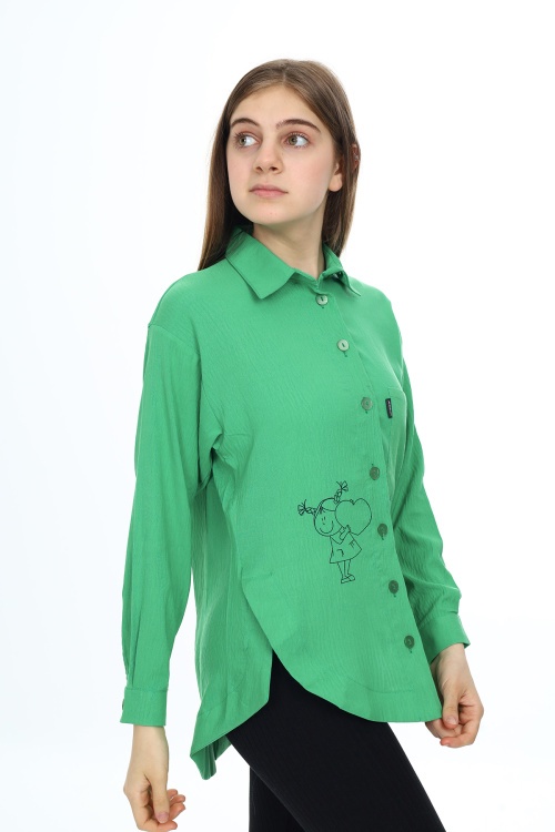 Yeşil Kalp Baskılı Yırtmaç Detaylı Kız Çocuk Düğmeli Gömlek 18428