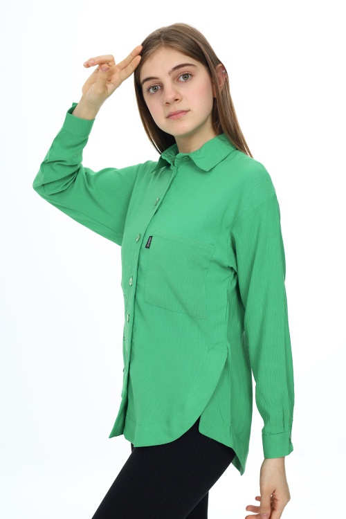 Yeşil Kalp Baskılı Yırtmaç Detaylı Kız Çocuk Düğmeli Gömlek 18428