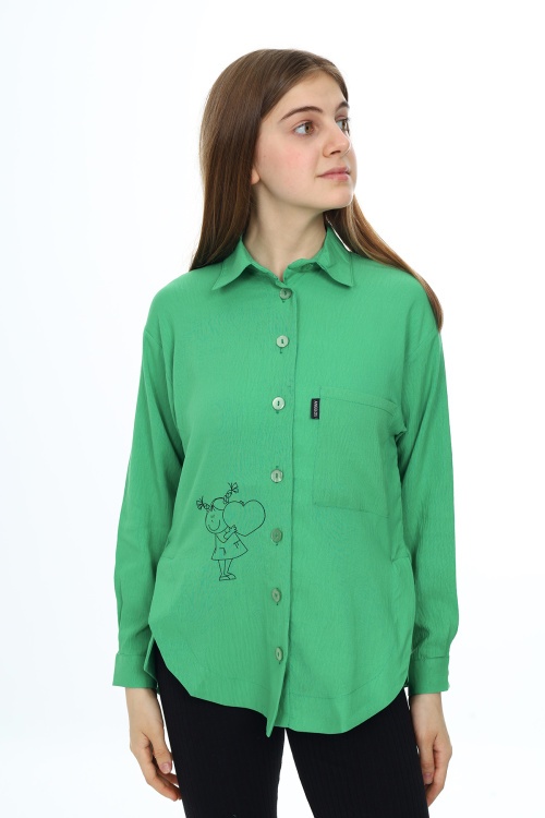 Yeşil Kalp Baskılı Yırtmaç Detaylı Kız Çocuk Düğmeli Gömlek 18428