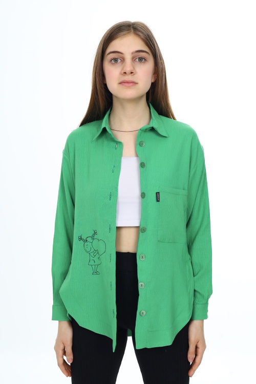 Yeşil Kalp Baskılı Yırtmaç Detaylı Kız Çocuk Düğmeli Gömlek 18428