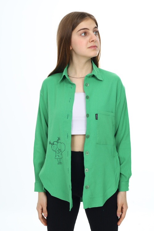 Yeşil Kalp Baskılı Yırtmaç Detaylı Kız Çocuk Düğmeli Gömlek 18428